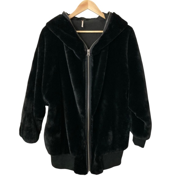 FREE PEOPLE Turn Up Hooded Faux Mink Fur Oversized Teddy Bomber Jacket Black - Picture 8 of 16